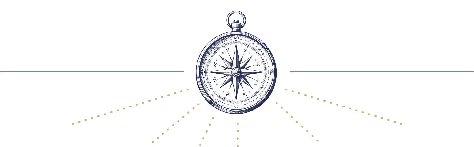 A compass with directional lines eminating from it.